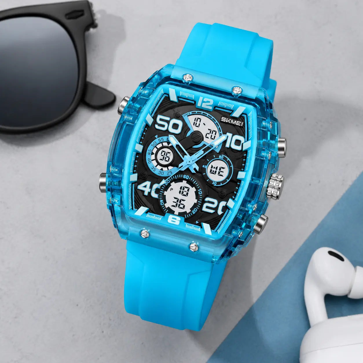 Unisex Ana-Digi Sport Watch – Tonneau Case, Silicone Band, 3 Time Zones, Stopwatch, Alarm, Countdown, LED Backlight, 5ATM Waterproof, Lightweight 61.1g – Ideal for Study, Workout & Everyday Wear