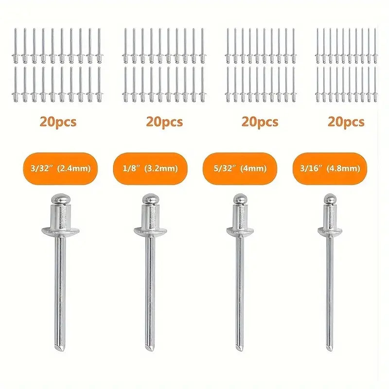 Manual Rivet Gun Kit – 80-Piece Set with 4 Rivet Heads, Heavy Duty Portable Tool for Metal, Plastic & Leather, Ideal for Car & Industrial Repair