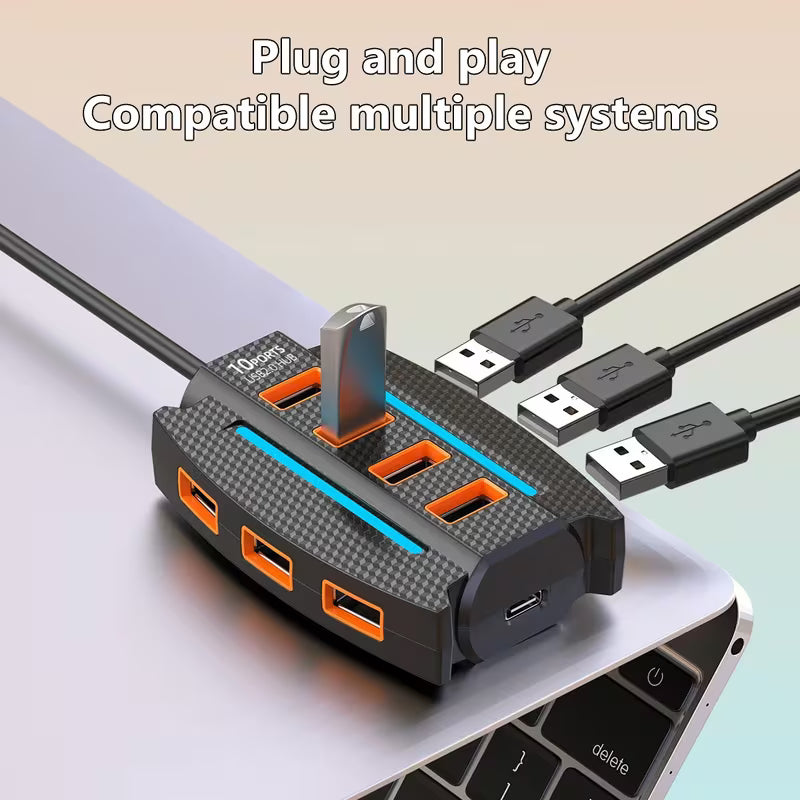 10-Port USB 2.0 Hub with RGB Lights - High-Speed Multi-Device Splitter, Plug and Play, 36V Max for Computer Accessories