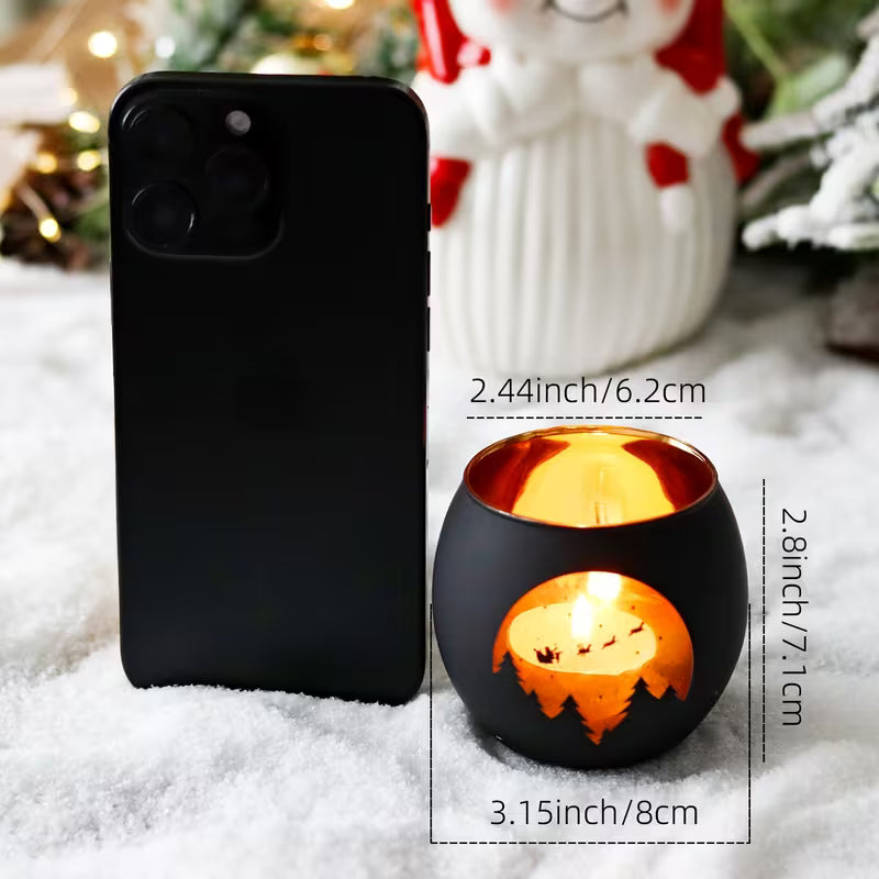 2Pairs Moonlit Forest Candle Holders – Black Glass, Santa Sleigh & Reindeer Design for Christmas Decor