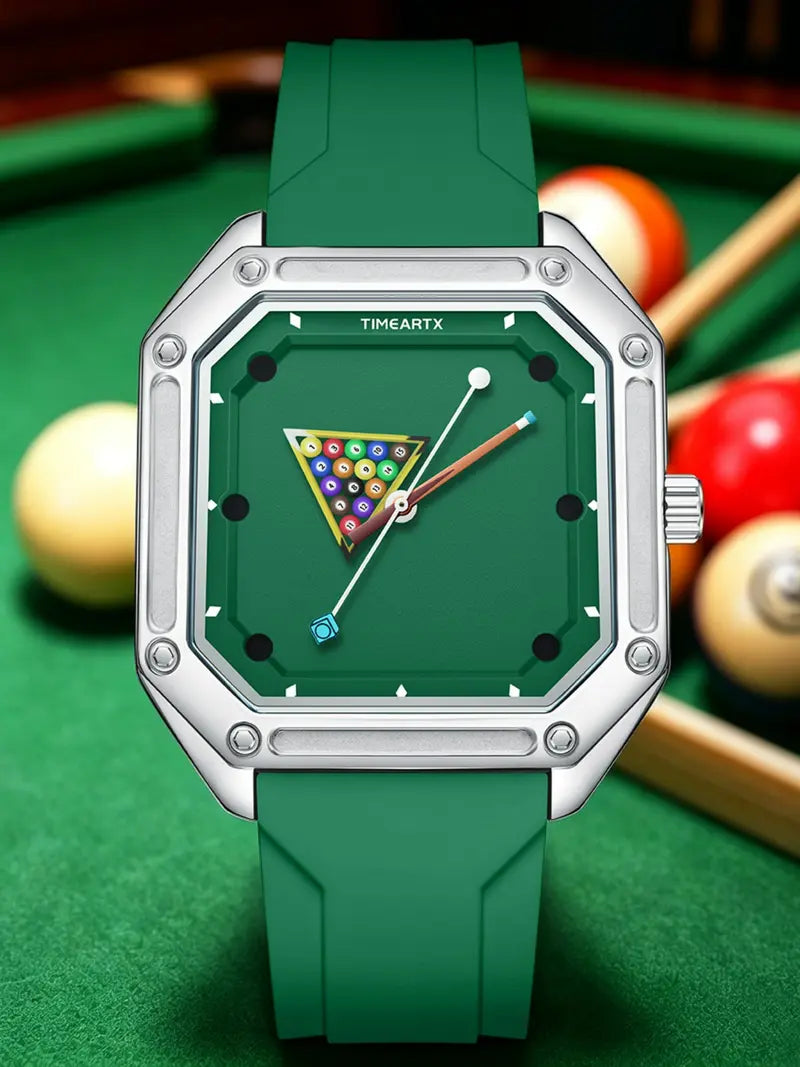 Men's Billiard Ball Analog Quartz Watch – Green Dial, Rubber Strap, Casual Sporty Design, Unique Daily Wear Timepiece