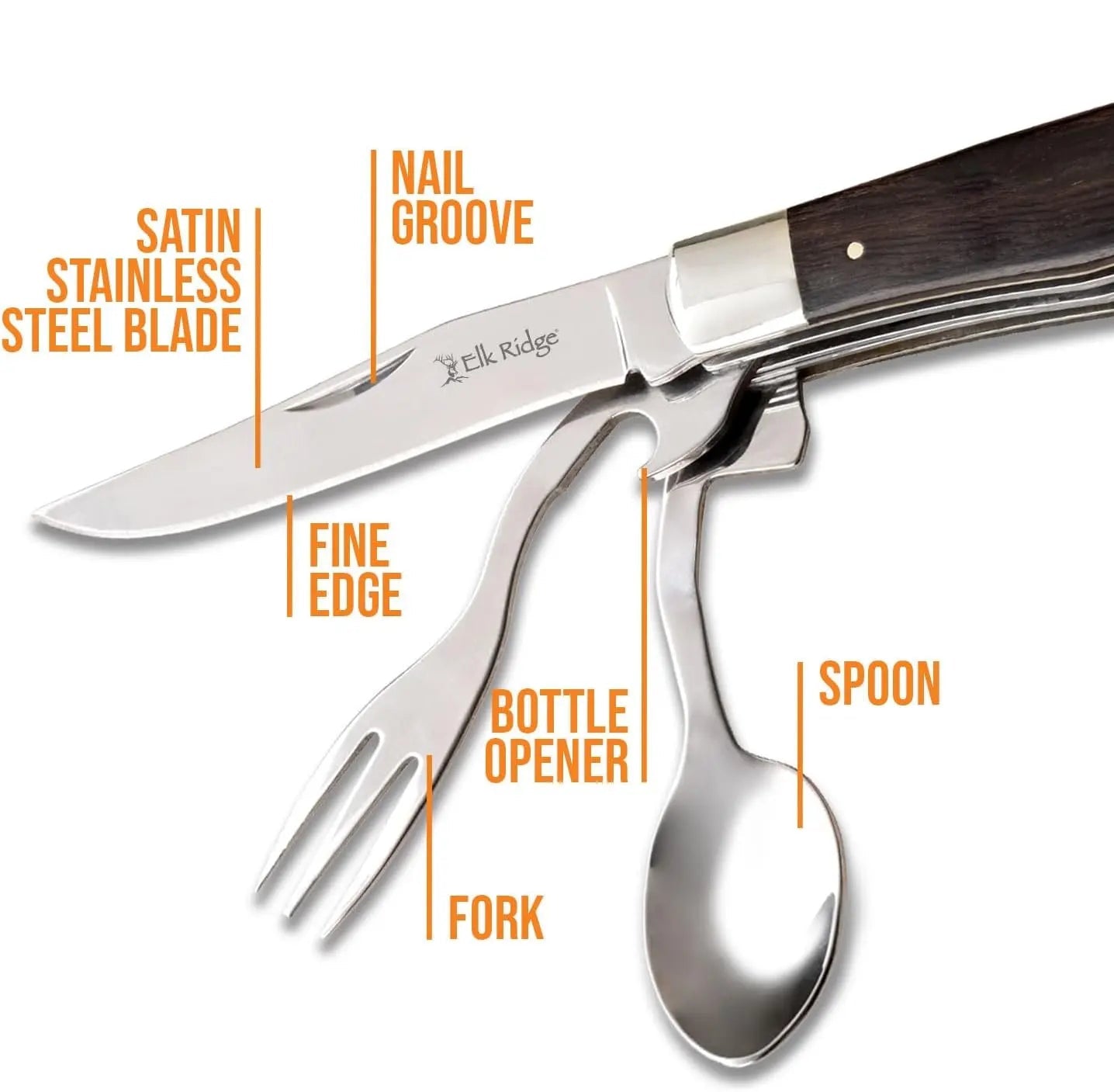 4-in-1 Pocket Multi-Tool – Knife, Fork, Spoon & Bottle Opener with Wood Handle, Ideal for Camping, Hunting & Survival