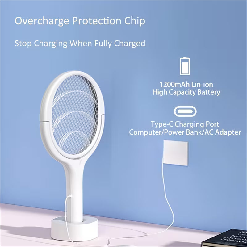 6-in-1 Electric Mosquito Swatter – Telescopic, 90° Rotating Grid, USB Rechargeable, UV Attraction