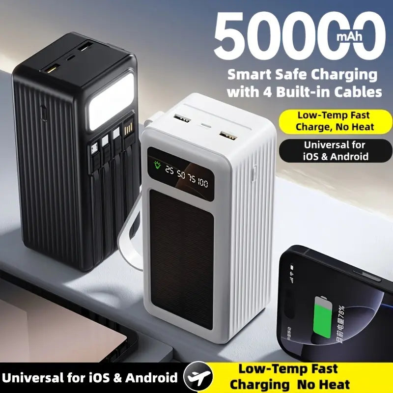 50000mAh Large Capacity Power Bank - USB-C Portable Charger with Solar Power, Flashlight and 32 LED Camping Light