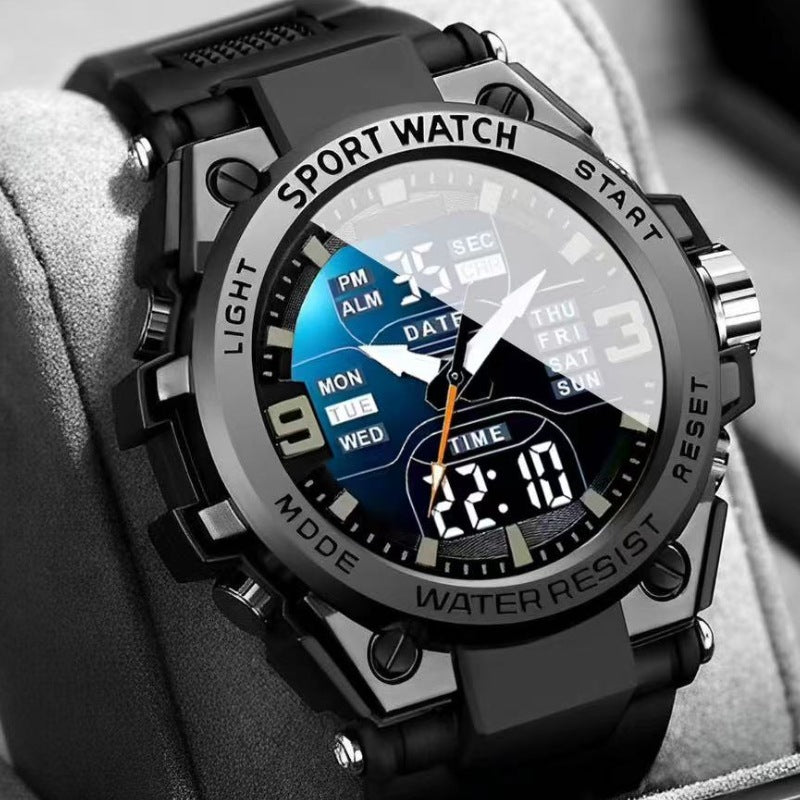Men's Teenager School Student Trendy Multifunctional Night Light Alarm Waterproof Sports Watch – Round Face, Blue Dial, Sporty Style