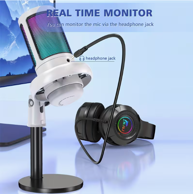 USB Microphone for PC – Condenser Gaming Mic with RGB Lighting, Gain Knob & Monitoring Jack, for Streaming & Podcasting
