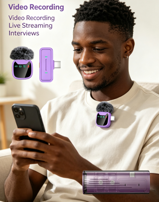 Dual Wireless Lavalier Microphone – LED Charging Case for Phones, Laptops, Streaming & Interviews