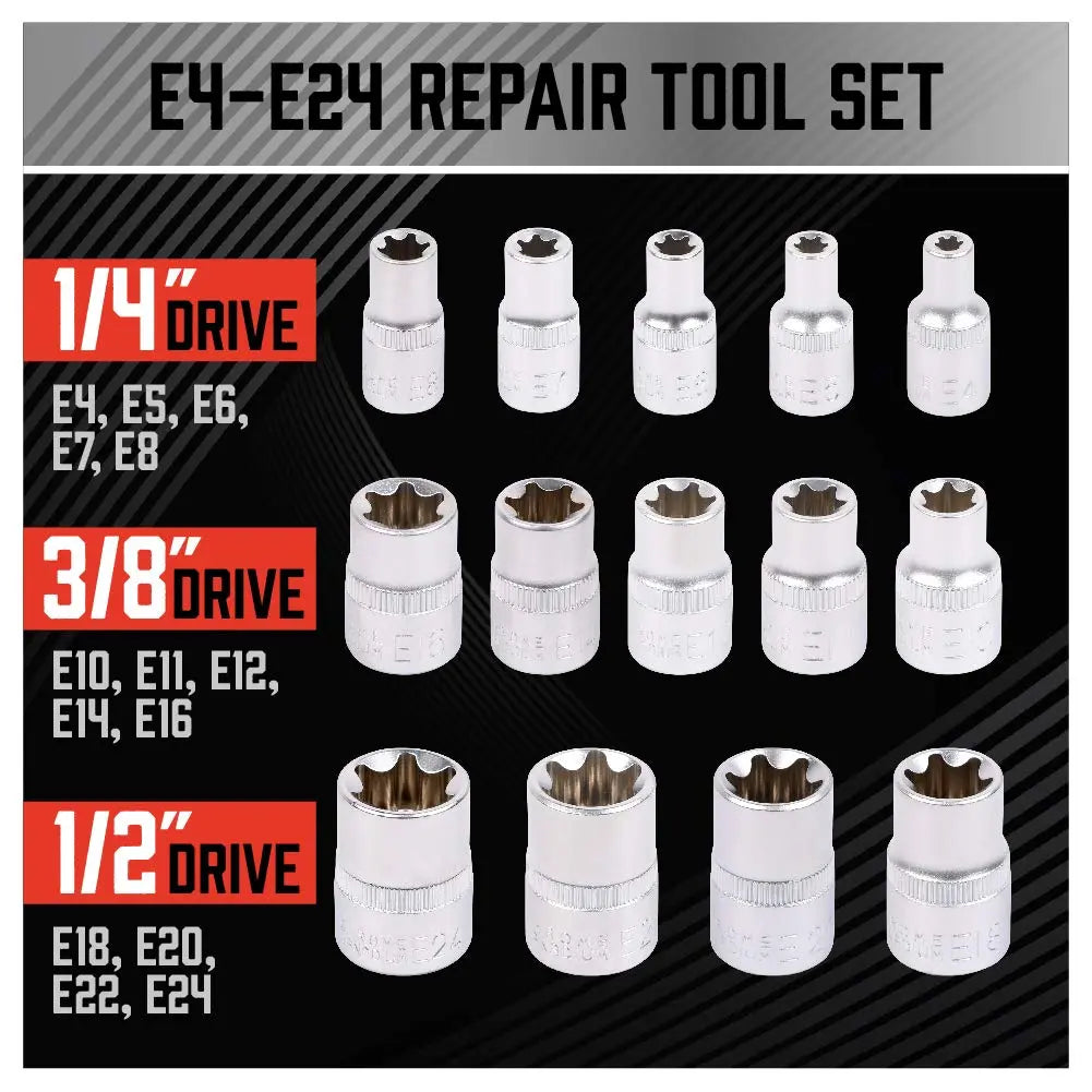 14-Piece E-Torx Socket Set - Premium Female Torx Sockets E4-E24, External Star Socket Tool Kit