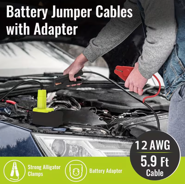 Car Jumper Cables with Adapter for 18V Battery Platforms – 5.95ft, 12AWG, for Mid-Size Cars & Light Trucks, Battery Not Included