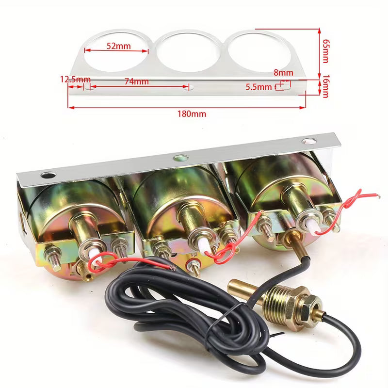 Chrome 3-in-1 Triple Gauge Kit – 2" 52mm with Oil Pressure, Water Temp & Ammeter, White Face