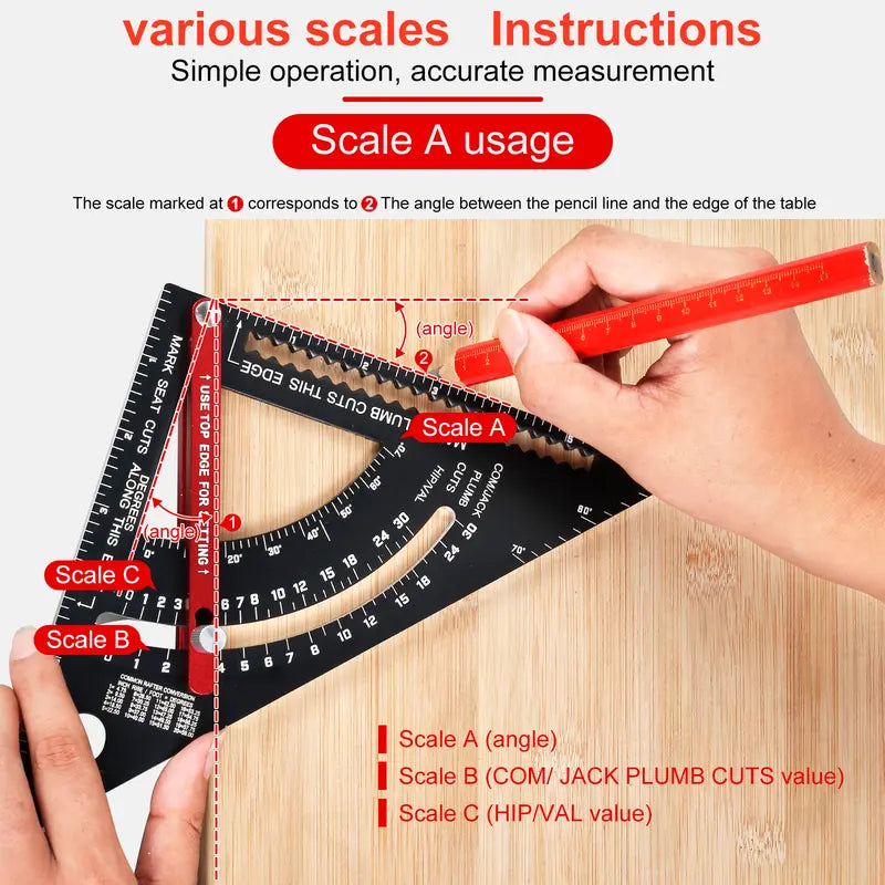 7 Inch Aluminum Carpenter Square, Woodworking Adjustable Rafter Framing Square, Measuring Angle Large Triangle Ruler Layout Tool, Multifunctional Carpentry Square, Gift for Carpenters, Includes 2 Pencils for Measuring