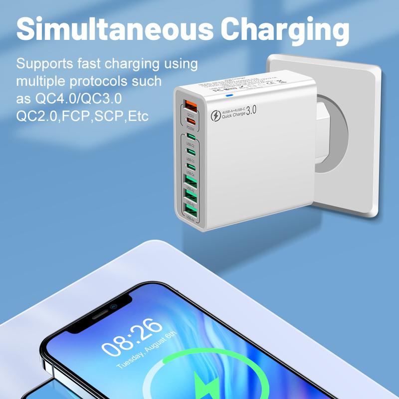 8 in 1 Waterproof Ports USB Fast Charger, Multi-Port Charging Station for Multiple Devices - High-Speed Hub w/Outlet Plug, Portable Wall Adapter for Travel/Home/Office