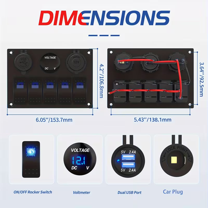 12V 5-Gang Rocker Switch Panel – Blue LED, Dual USB 4.8A, Car Plug & Voltmeter (Battery Not Included)