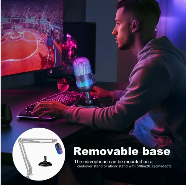 USB Gaming Microphone – Plug & Play, RGB Light, One-Click Mute, Noise Reduction, Volume Gain, Compatible with PC, Mac, PS4/PS5, Ideal for Podcast, Streaming & Recording