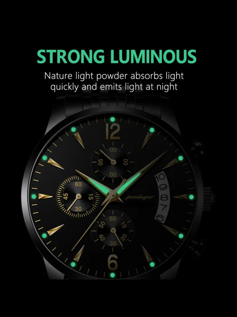 Men's Business Fashion Watch - Black Stainless Steel Strap, 30M Water Resistant, Calendar Quartz with Luminous Dial