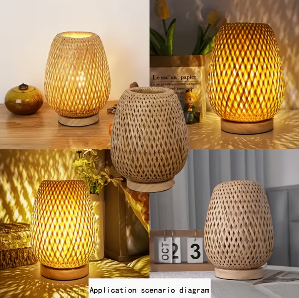Wabi-Sabi Bamboo Woven Night Light – Vintage Hollow Table Lamp, Retro Zen Ambiance Light for Tea Rooms, Bedrooms, Guesthouses & Bedside