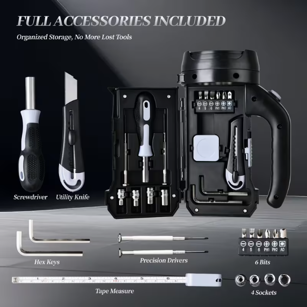 18-in-1 Multi-Function Tool with Flashlight – Outdoor & Vehicle Emergency Repair Kit, Includes Bits, Utility Knife & Tape Measure