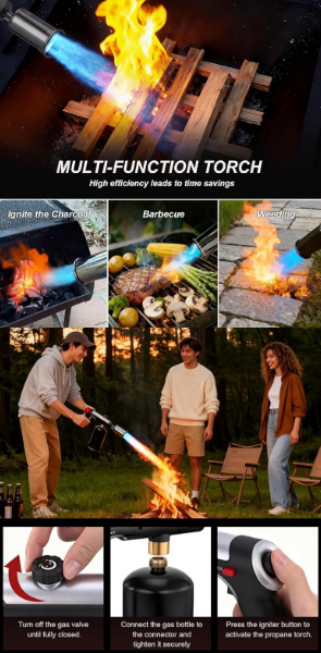 Propane Torch Gun with Safety Lock, Portable Kitchen Blow Torch for BBQ, Steak Searing, Charcoal Ignition (Propane Tank Not Included)