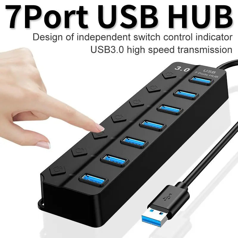 7-Port USB Hub - Multifunctional USB Splitter with Independent Switches, Universal USB Extender Adapter for Laptops and Multiple Devices