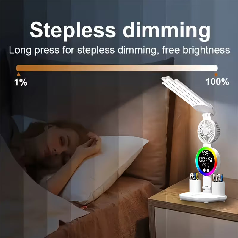 Smart Touch Dual Head Desk Lamp with USB - RGB Color Changing, Dimmable Brightness, Built-in Fan and Night Light
