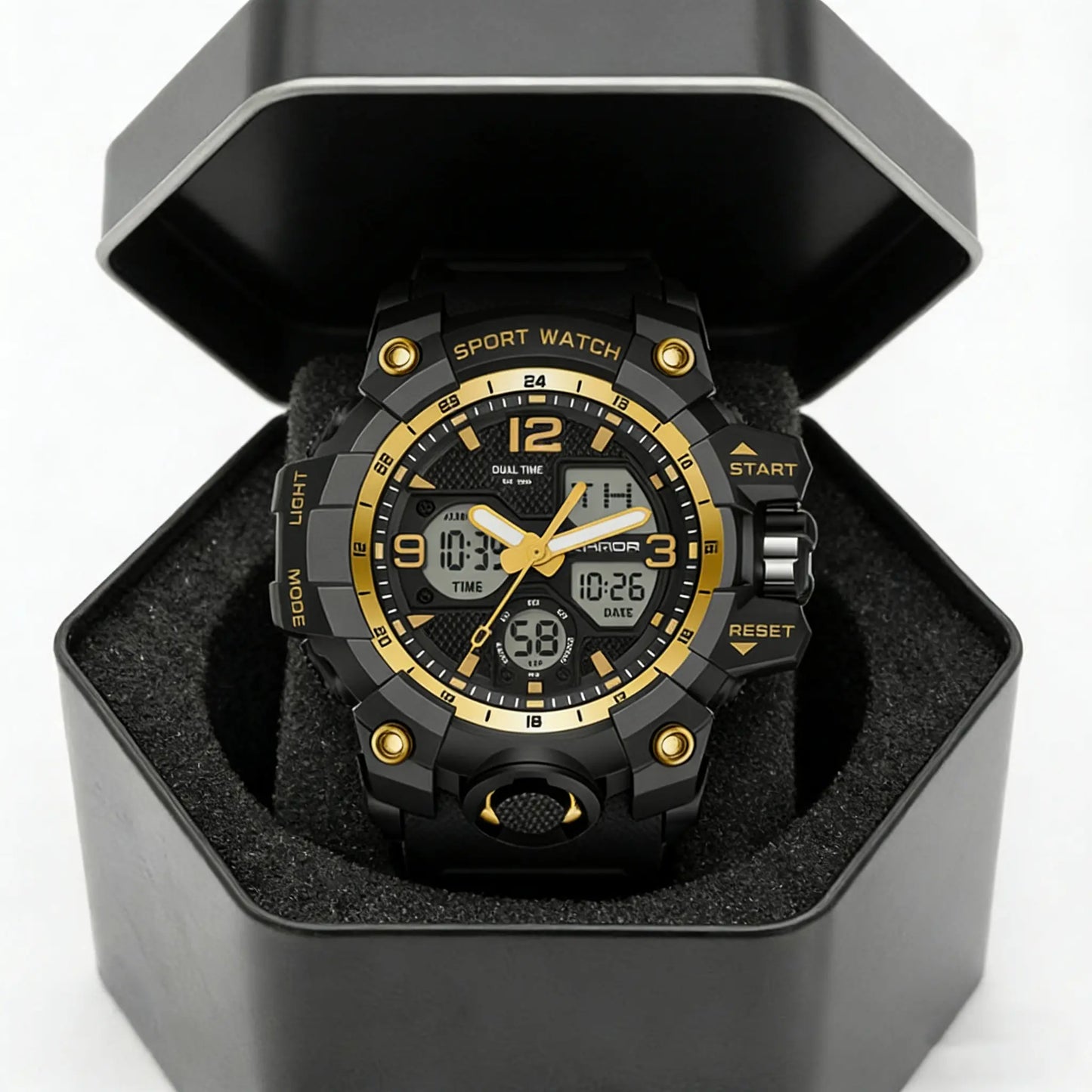 Men's Tactical Sport Watch - Large Dual Display, 50M Water Resistant, Luminous Alarm, Adjustable Rubber Strap for Outdoor Fitness