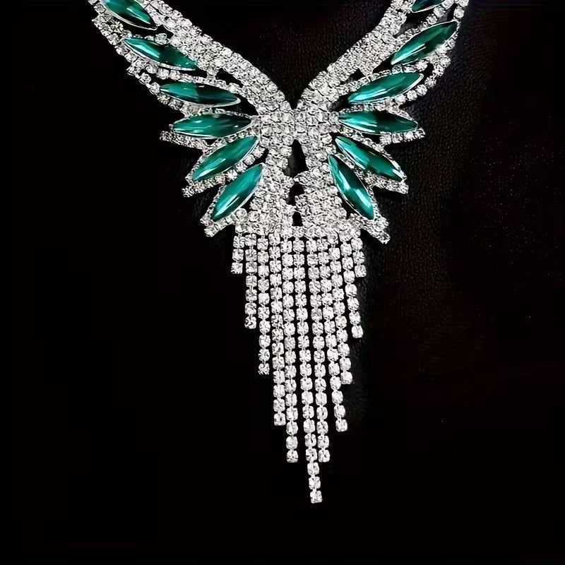 3Pcs Crystal Rhinestone & Green Gem Tassel Jewelry Set – Elegant Christmas Gift for Weddings & Parties