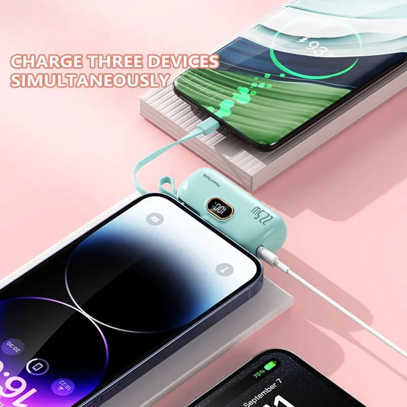 5000mAh Compact Portable Charger – 22W PD Fast Charging, Digital Display, Built-in USB-C & Lightning Cables, for iPhone 17-11/Pro Max & Android Smartphones