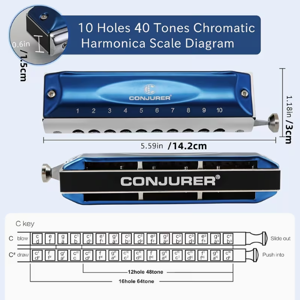 10-Hole 40-Tone Chromatic Harmonica – Beginner-Friendly, Smooth Play, Compact Design