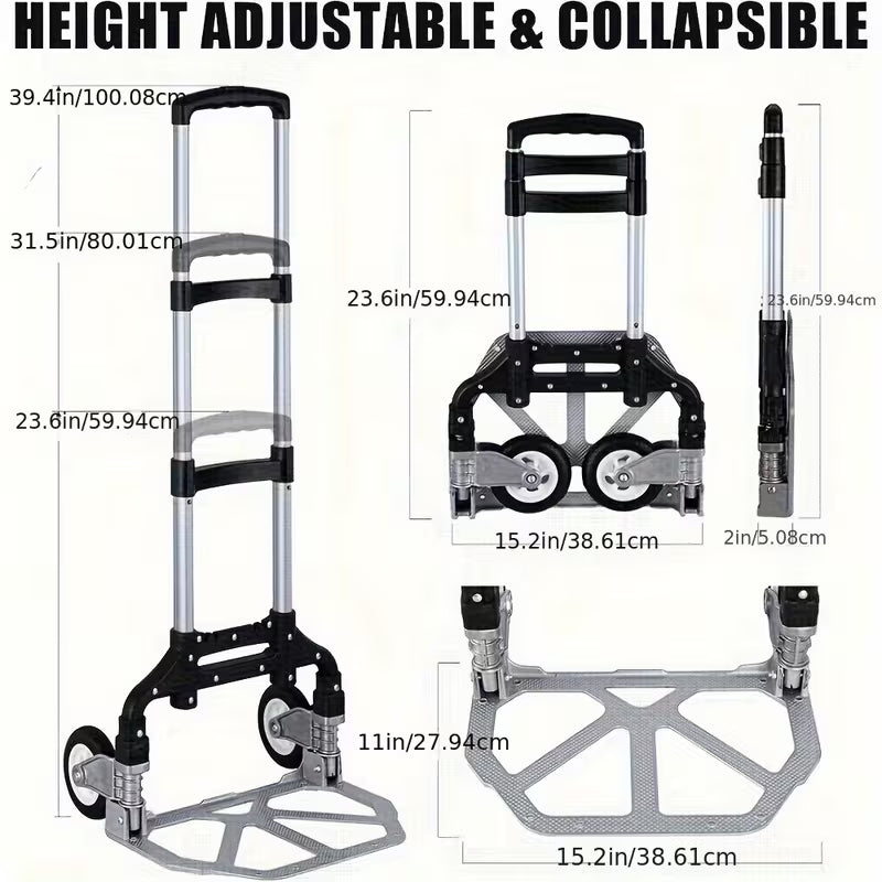 Ubesgoo Folding Hand Truck – Heavy-Duty with Telescoping Handle, PU Wheels & Black Rope, Black
