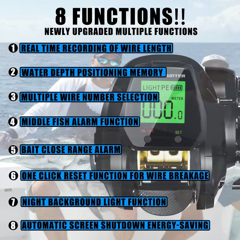 SAMOLLA Digital Display Fishing Reel – Real-Time Line Length, Fish Alarm, 7.2:1, 10kg Brake, USB Charging