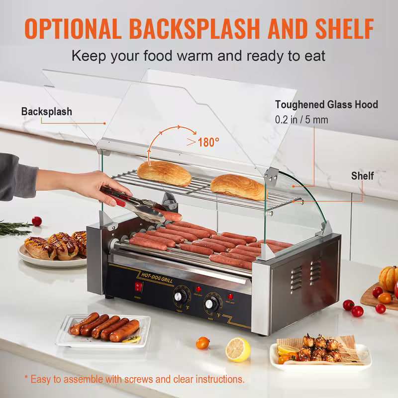 7-Roller Hot Dog Machine – 18 Hot Dogs, 1400W, Dual Temp Control with Bun Warmer & Glass Hood
