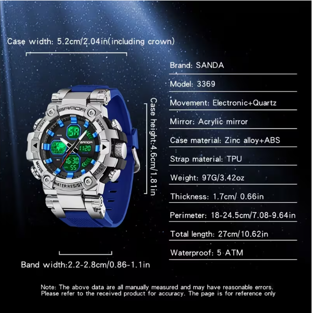 Men's Dual Display Watch – Outdoor Sports & Business Style, Night Alarm, Weekly Calendar