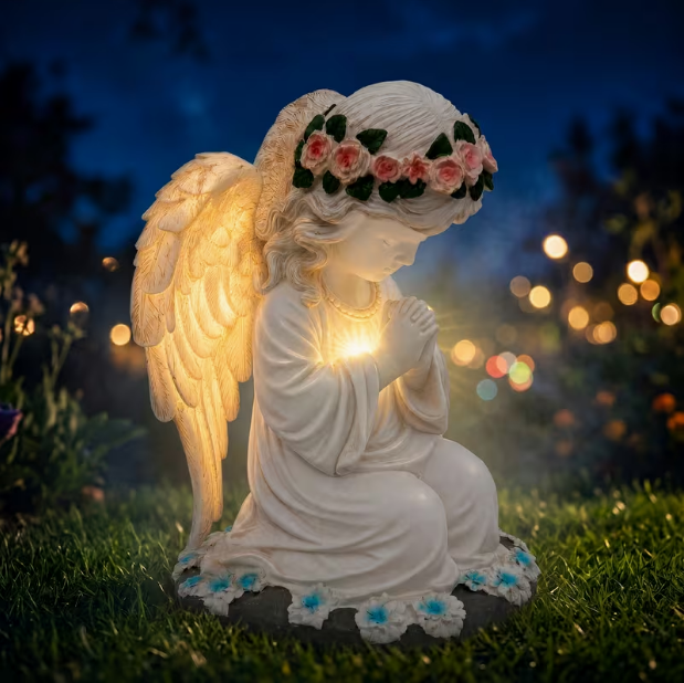 Solar Angel Garden Statue with LED Lights – Resin Flower Sculpture, Outdoor Lawn, Yard, Patio, Porch & Balcony Decor