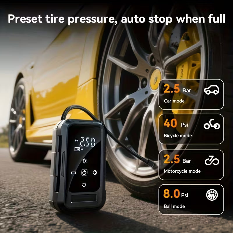 Portable Air Compressor Inflator, 150PSI Smart Digital Auto-Shutoff Pump with Emergency LED Light for Car, Motorcycle, Bike & Balls