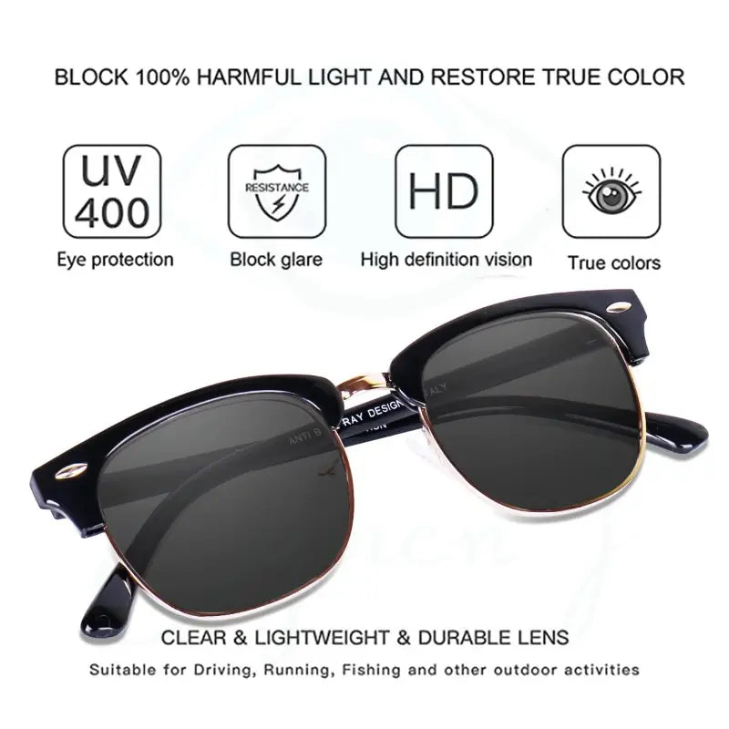 Semi-Rimless Classic Polarized UV400 Sunglasses - Black Gold Frame Gray Lenses for Men and Women Casual Driving