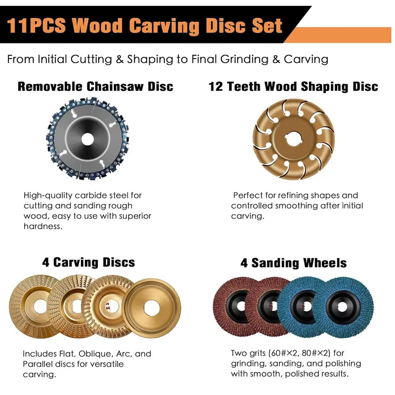 11-Piece Wood Carving Disc Set for Angle Grinder - 5/8" Adapter, Grinding Wheel for Cutting, Shaping and Sanding