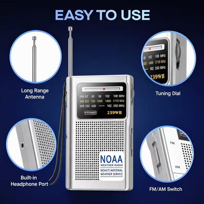 Portable Emergency Radio – NOAA Weather, AM/FM, Best Reception, Stereo Earphone Jack, 2xAA Battery