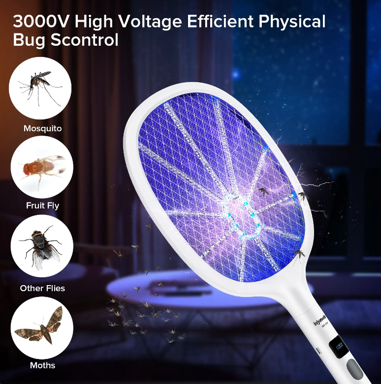 Rechargeable LED Bug Zapper, Indoor & Outdoor Electric Mosquito Swatter with Large Mesh, LED Display, Safe for Home Use