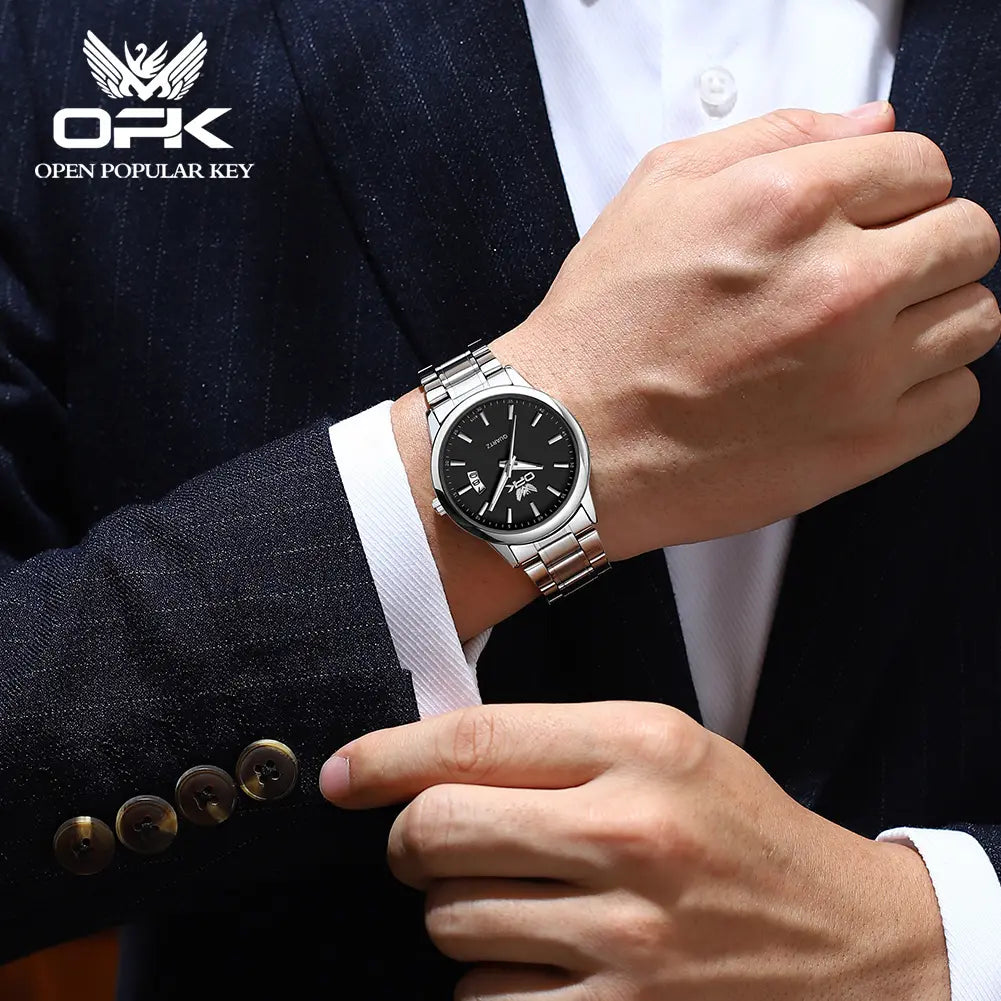 OPK Men's Stainless Steel Quartz Watch - Water Resistant, Black and White Wristwatch