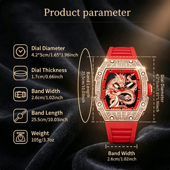 Men’s Gold Dragon Watch Series – Barrel-Shaped Luxury Embossed Design, Adorned with Rhinestones, 3D Gold Relief Patterns, Water-Resistant for Any Occasion