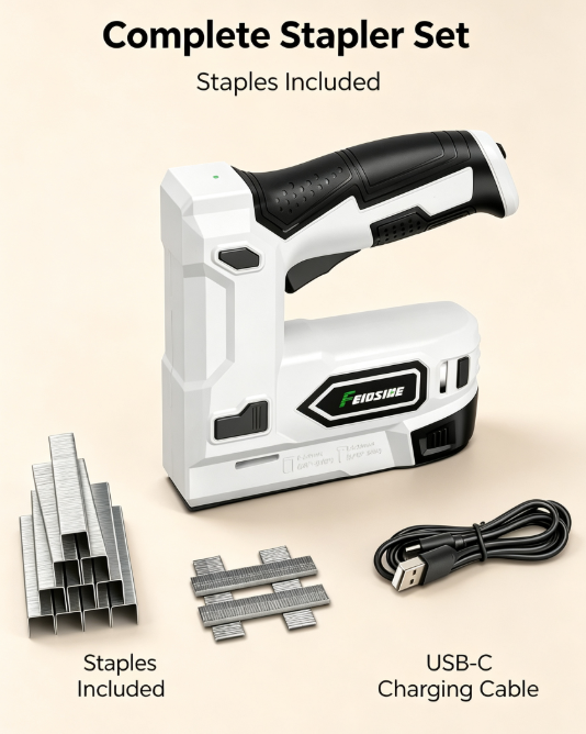 White USB-Powered Nail Gun – 2-in-1 with 2000pcs Staples & Nails for DIY & Carpentry