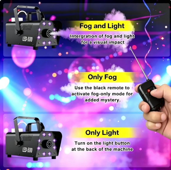 500W Fog Machine with 12-Color 8 LED Lights - Strobe Effect and Wireless Remote Control for Halloween, Parties and Indoor Ambiance (Fog Fluid Not Included)
