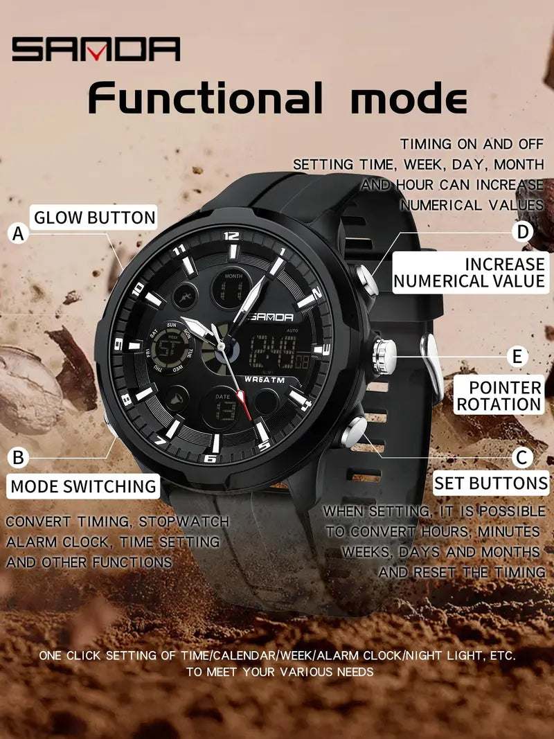 Men's Fashion Quartz Analog Digital Watch - Casual Round Dial with Luminous Alarm, Water Resistant Multifunctional Wristwatch with Box