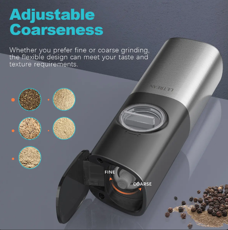 Electric Salt & Pepper Grinder Set, 2Pcs Rechargeable Adjustable Stainless Steel Grinder with Dust Lid & LED Light, One-Hand Operation Kitchen Utensils