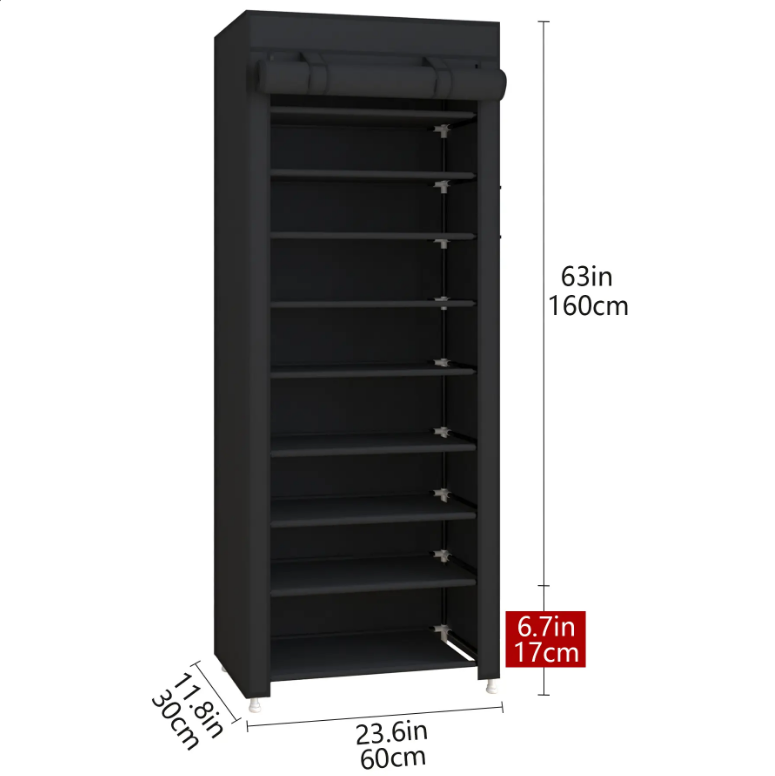 Black 10 Tier Shoe Rack with Dustproof Cover, Adjustable Standing Shelf, High Capacity Shoe Storage Organizer