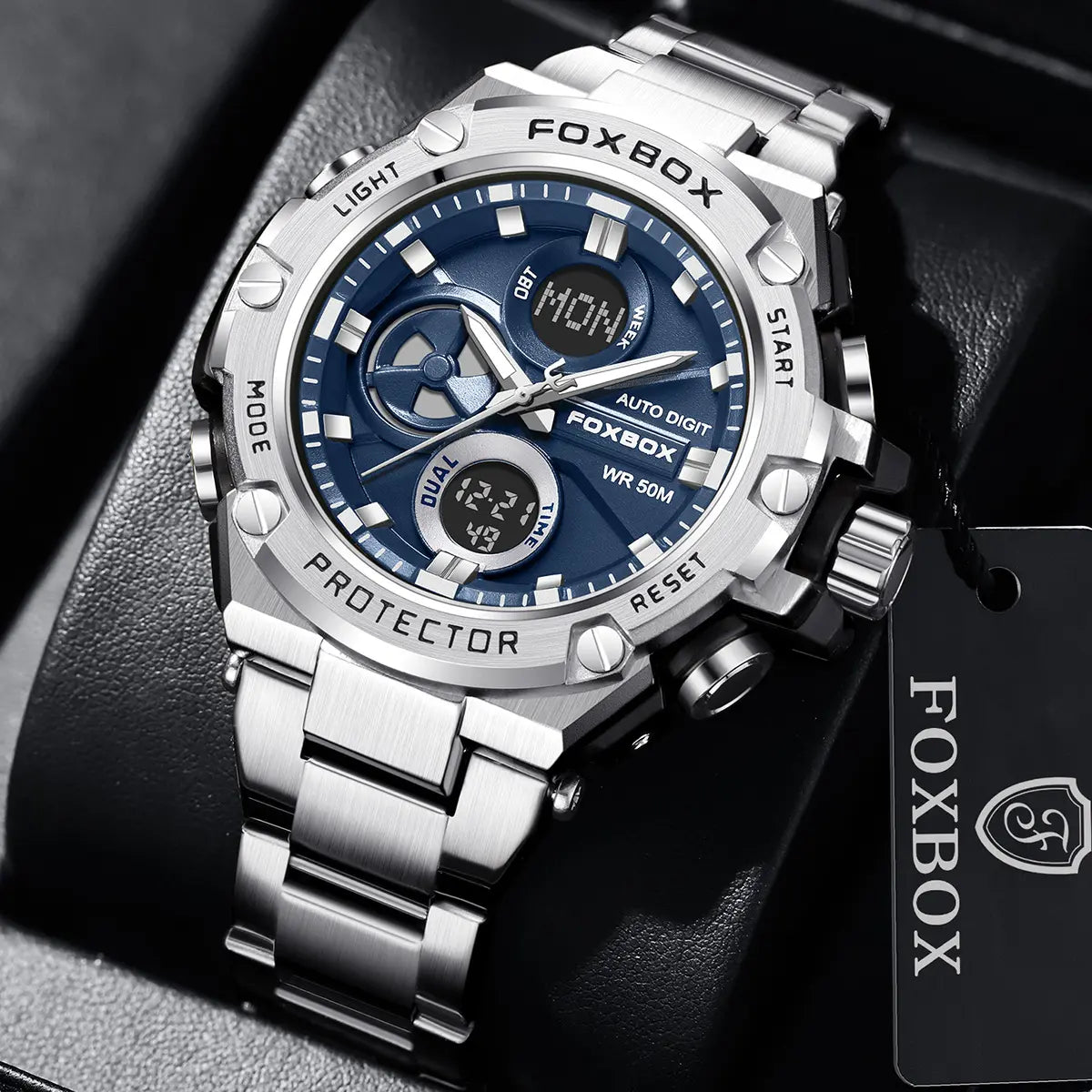 Foxbox Men's Fashion Multifunctional Sports Watch - Water Resistant Alloy Case, Stainless Steel Strap, Electronic Quartz