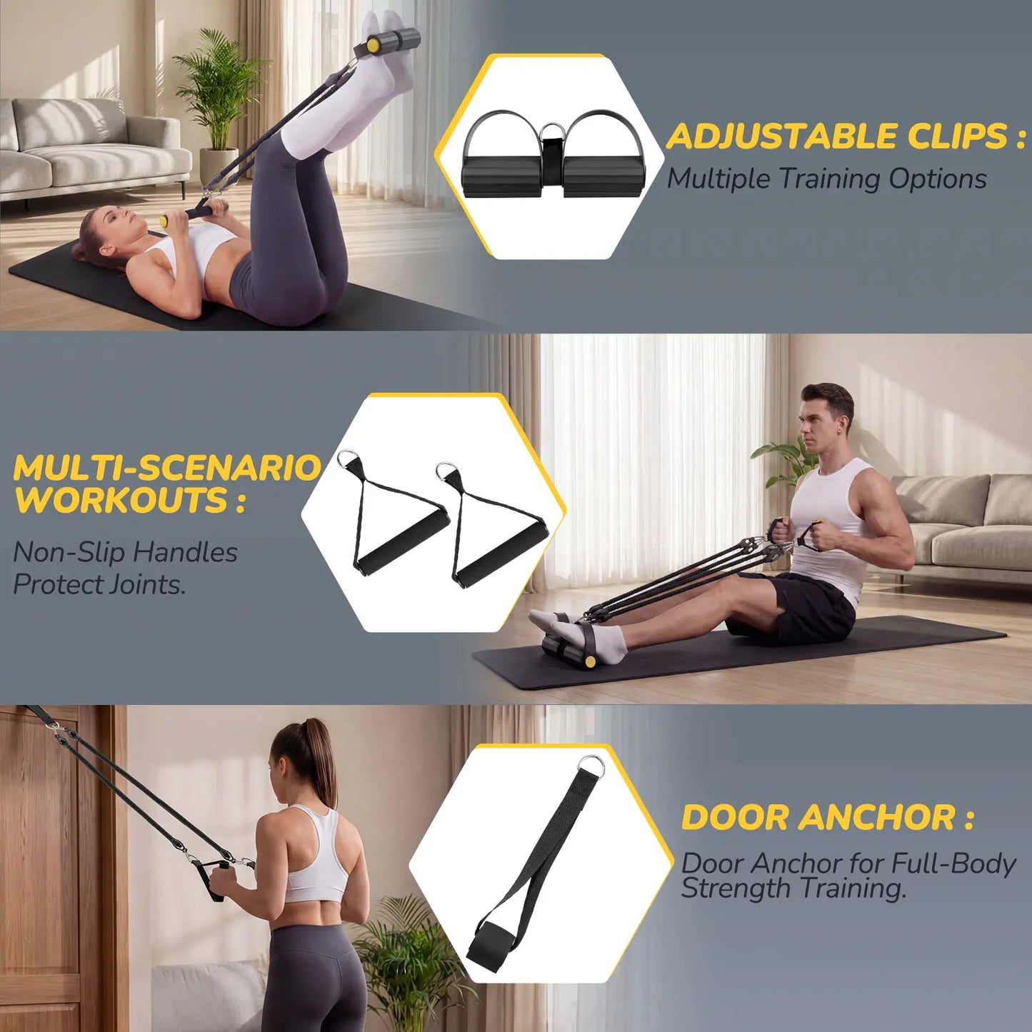4-Tube Foot Pedal Resistance Bands with Handles - Adjustable Full-Body Workout Kit with Ankle Straps