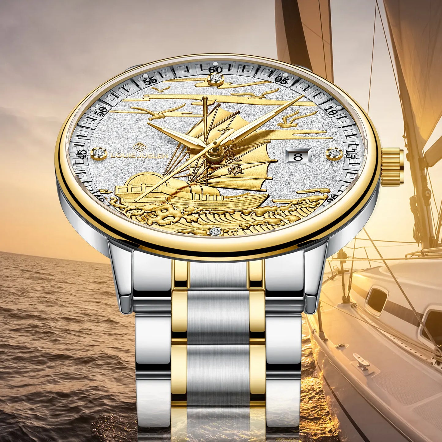 Men's Swiss Luxury Watch – 42mm Stainless Steel Case, Hand-Carved Sailing Ship Dial, Precision Movement
