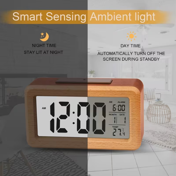 Wooden Large LED Digital Alarm Clock – Smart Sensor Night Light, Snooze, Date & Temperature Display, 12/24-Hour Switchable