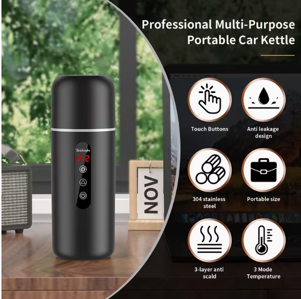 Travel Electric Kettle & Car Coffee Warmer – Portable Hot Water Heater with Stirring, Hot Water Boiler with Built-In Magnetic Induction